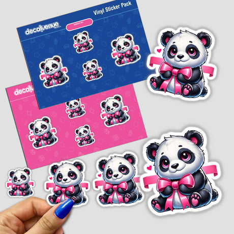 Cute Panda Holding Pink Ribbon sticker pack, featuring various cartoon pandas with pink bows, showcased with a hand holding one sticker. Available as Stickers or Digital Artwork from Decal Venue.
