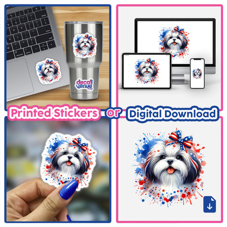Collage featuring American Flag Splatter Shih Tzu Dog stickers on laptops, cups, and devices, highlighting their versatile usage for unique decoration.
