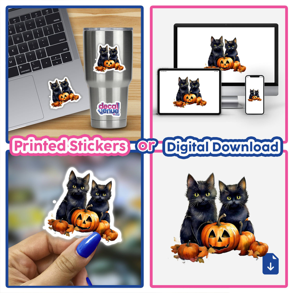 Black cats and pumpkin sticker on a laptop, featuring a black cat with yellow eyes sitting next to a pumpkin.