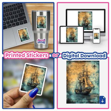 Collage showing a galleon on an antique map, available as stickers or digital artwork, featuring close-ups of a ship, laptop display, hand holding a ship picture, and a silver mug.
