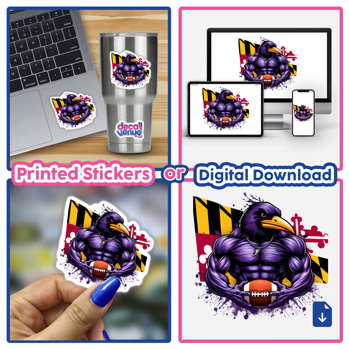 Muscular Purple Raven Bird Holding Football featured on various items like stickers and digital artwork, showcasing detailed close-ups of the bird and sports-themed decals.