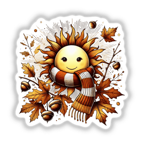Autumn Sun in Cozy Sweater: A cartoon sun with a smiling face, wrapped in a scarf, surrounded by leaves, available as stickers or digital artwork from Decal Venue.