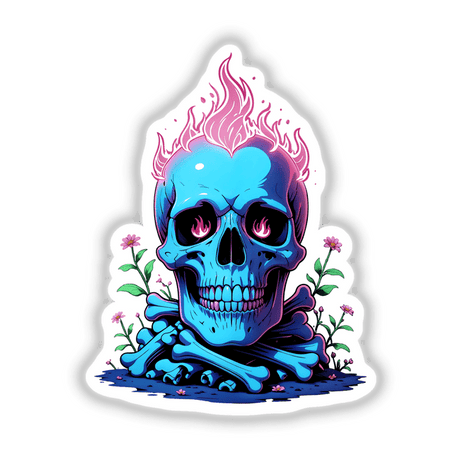A Skull And Bones On Fire features a blue skull with pink flames, available as vibrant stickers or digital art, embodying bold artistry.