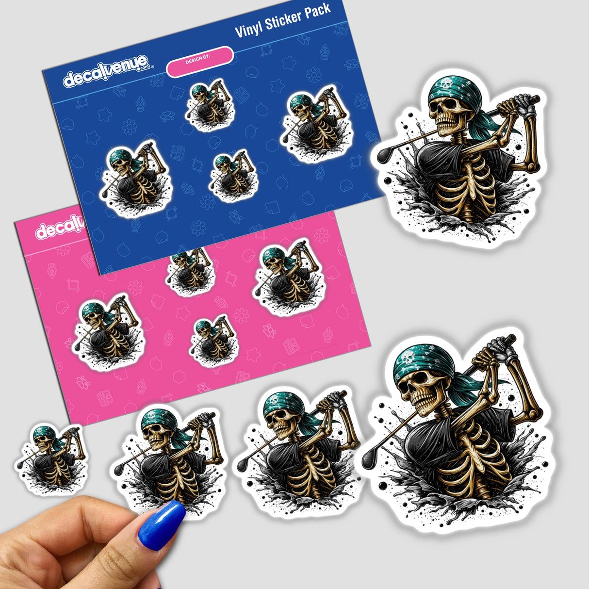 Sticker of a skeleton with a bandana swinging a golf club, available as stickers or digital artwork from Decal Venue.