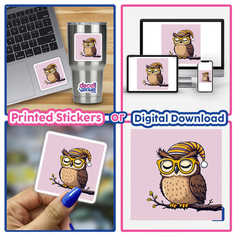 Collage featuring 'Sleepy Owl in Striped Nightcap' stickers and digital artwork, showcasing a cartoon owl with glasses and a nightcap, perfect for laptops or personal items.