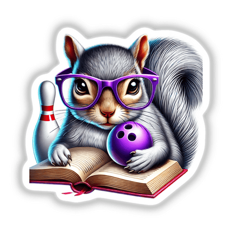 Squirrel Reading a Book with Purple Glasses and Bowling Ball: A whimsical illustration featuring a squirrel with glasses, holding a book and purple bowling ball, available as stickers or digital art.