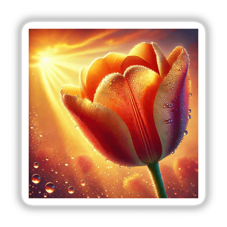 Tangerine Tulip with Dewy Glow - a close-up of a vibrant tulip showcasing its delicate petals adorned with dewdrops, available as stickers or digital artwork.