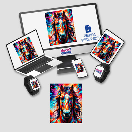 A Cute Horse - Animal Portrait displayed on multiple electronic devices, showcasing vibrant digital artwork available as stickers or digital downloads from Decal Venue.