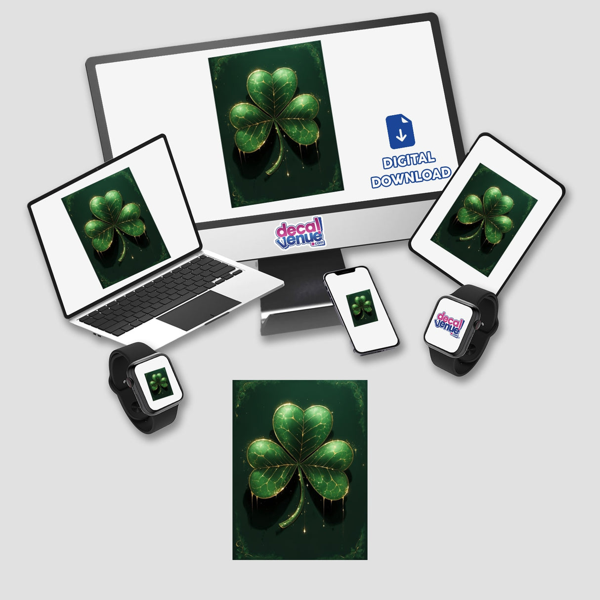 Golden Drip Shamrock – Lush Green Clover with Melting Gold Accents displayed on a computer monitor and laptop, showcasing unique sticker or digital artwork design from Decal Venue.