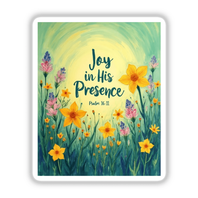 Fauvist Spring Primrose “Joy in His Presence” Psalm 16:11 Sticker or Clipart features a painting of flowers and text, available as unique vinyl stickers or digital art from Decal Venue.