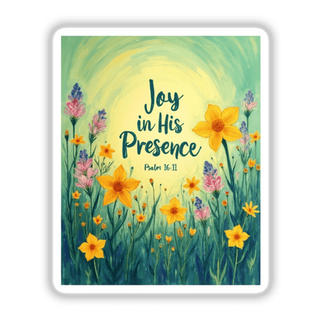 Fauvist Spring Primrose “Joy in His Presence” Psalm 16:11 Sticker or Clipart features a painting of flowers and text, available as unique vinyl stickers or digital art from Decal Venue.
