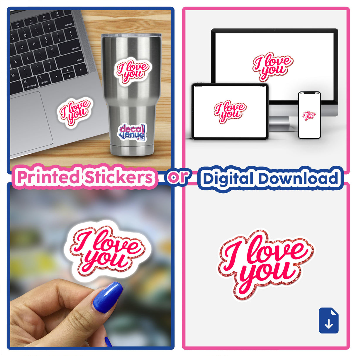 Collage of I Love You stickers displayed on various items like a laptop and cup, showcasing versatile usage as either physical stickers or digital artwork.