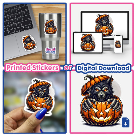Werewolf peeking out of a Halloween pumpkin - digital artwork featuring a spooky creature emerging from an orange jack-o-lantern, available as printed stickers or digital downloads from Decal Venue.