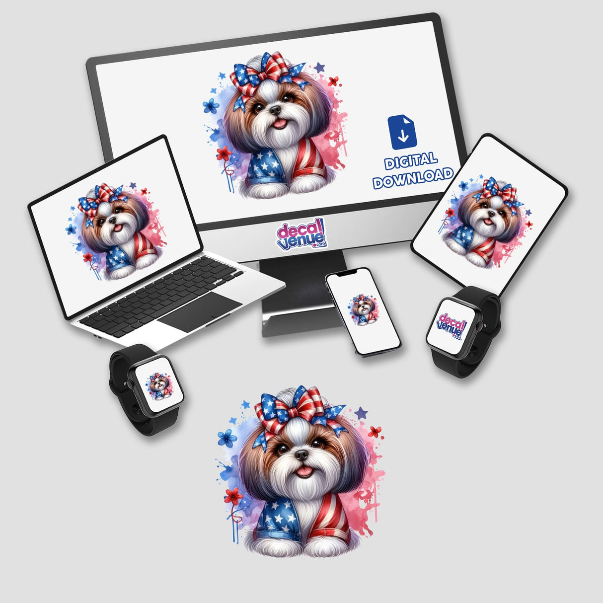 Patriotic Shih Tzu Dog American Flag III design displayed on a computer monitor, laptop, and other devices, featuring a dog with a bow against an American flag background.