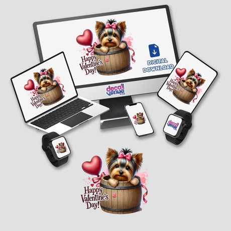 Valentines Yorkie Dog in Barrel depicted as digital artwork, showcasing a cartoon dog with a bow inside a barrel, suitable as stickers or digital decor from Decal Venue.