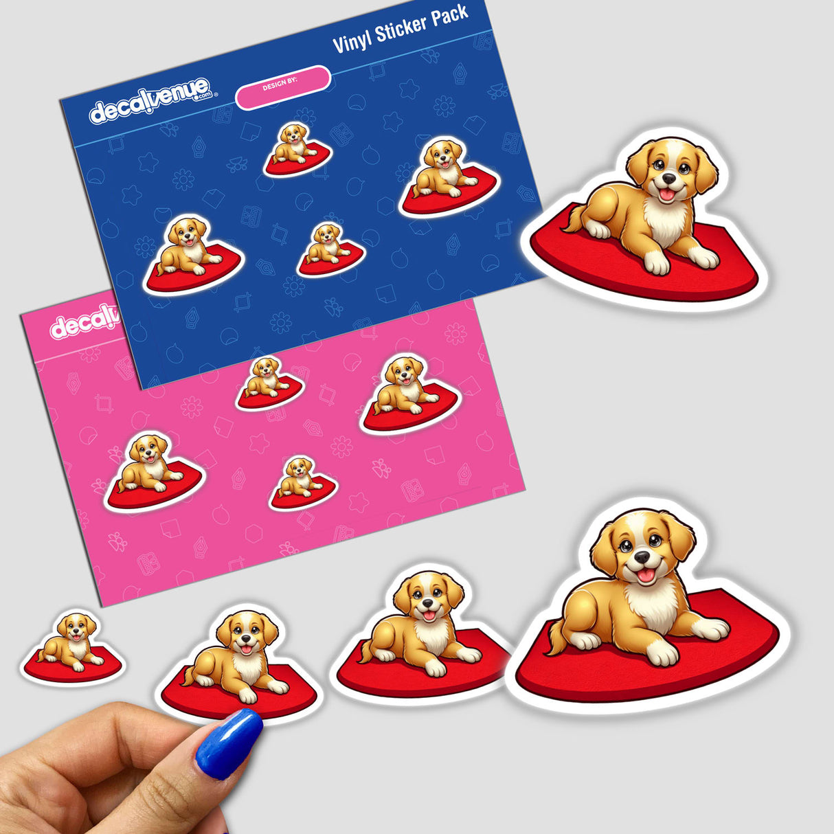 Golden puppies being good boys on red heart-shaped pillows in a Vinyl Sticker Pack from Decal Venue, a store that offers unique stickers and digital art created by talented designers.