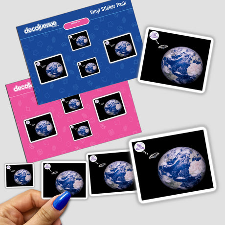 Hand holding BAD NEIGHBORHOOD stickers featuring Earth, spaceships, and planets, available as stickers or digital artwork.
