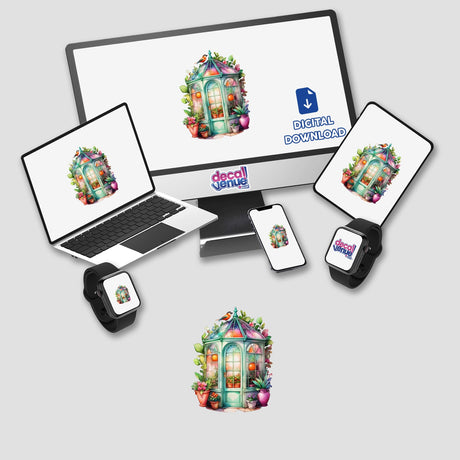 Romantic Garden Gazebo Sticker features a whimsical floral illustration, depicted on a computer monitor and laptop screen, showcasing a digital image of a colorful greenhouse with a bird atop.