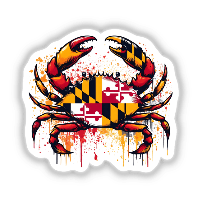 Maryland Flag Crab - Digital Artwork of a stylized crab with the Maryland state flag design, surrounded by vibrant splashes of color.