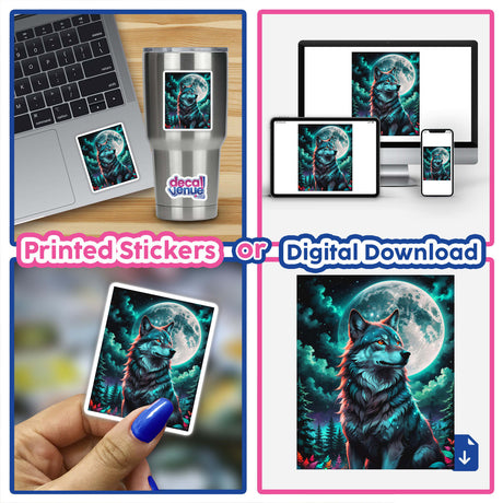 Collage of A Wolf In The Night With A Bright Moon, featuring a laptop displaying the wolf design and a hand holding a sticker, showcasing unique vinyl stickers and digital art.