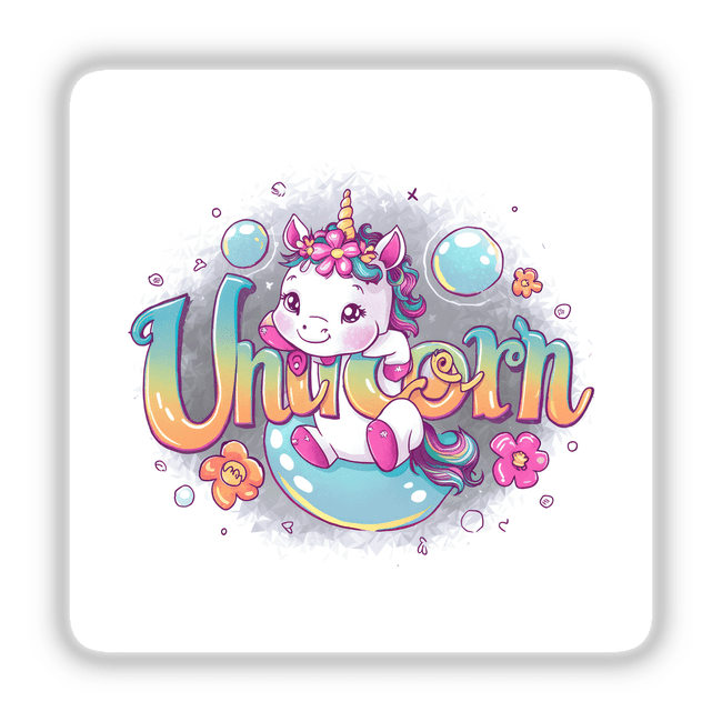 Colorful unicorn digital artwork with stars, bubbles, and floral elements