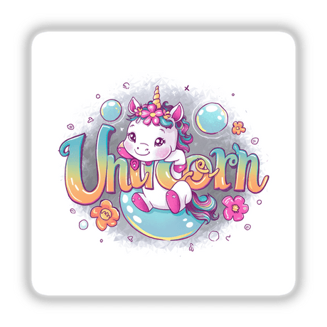 Colorful unicorn digital artwork with stars, bubbles, and floral elements