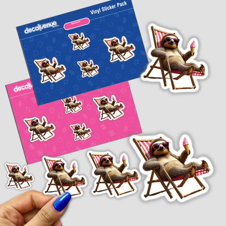Sunny Sloth Relaxing on Beach Chair sticker pack featuring a cartoon sloth holding an ice cream cone while lounging in a chair. Available as stickers or digital artwork.