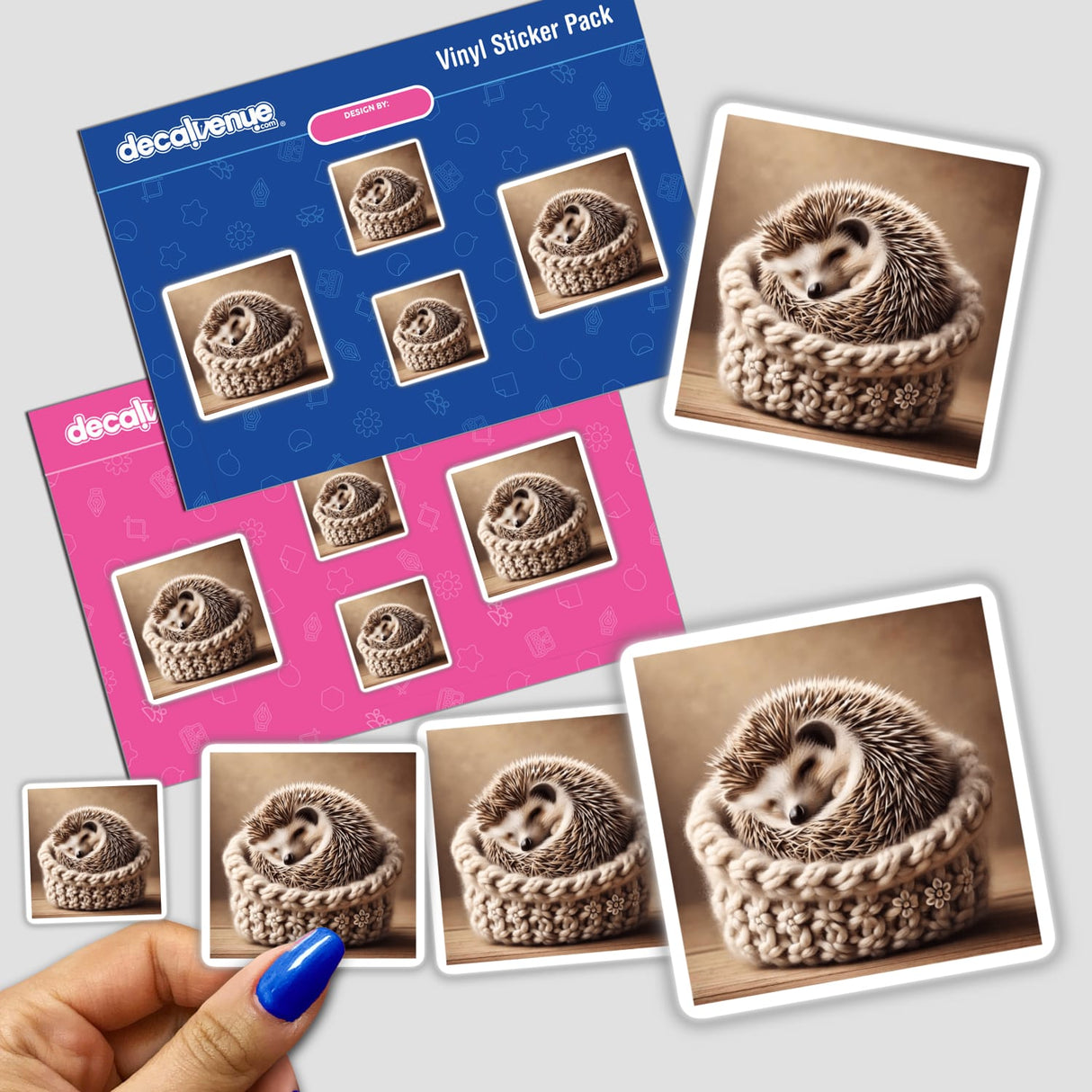 Hedgehog Resting in Knitted Basket stickers featuring a cute hedgehog curled up in a cozy basket, available as stickers or digital artwork.