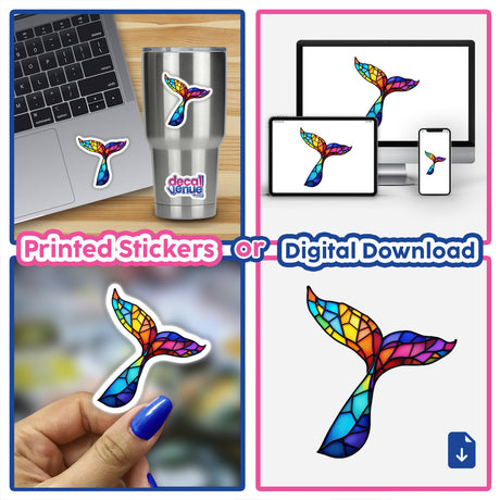 Whale Tail Stained Glass Style sticker on a laptop, showcasing a vibrant, artistic whale tail design, available as a sticker or digital artwork.