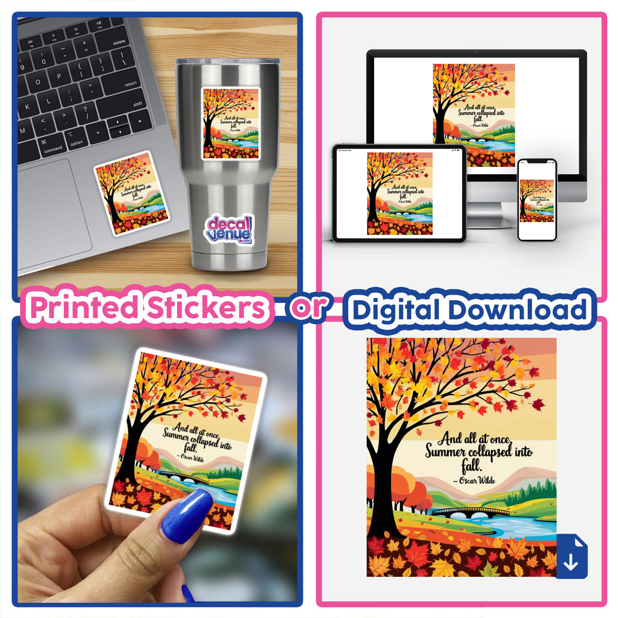 Oscar Wilde Quote About Autumn sticker featuring an autumn tree landscape, shown on a laptop and a card, highlighting Decal Venue's unique stickers and digital art collection.