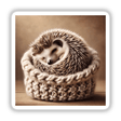 Hedgehog Resting in Knitted Basket, curled up peacefully inside a cozy, hand-knitted basket, depicted as a sticker or digital artwork.