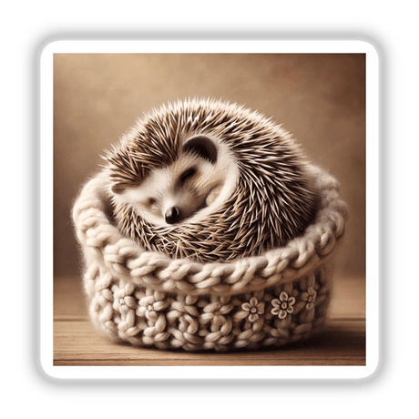 Hedgehog Resting in Knitted Basket, curled up peacefully inside a cozy, hand-knitted basket, depicted as a sticker or digital artwork.