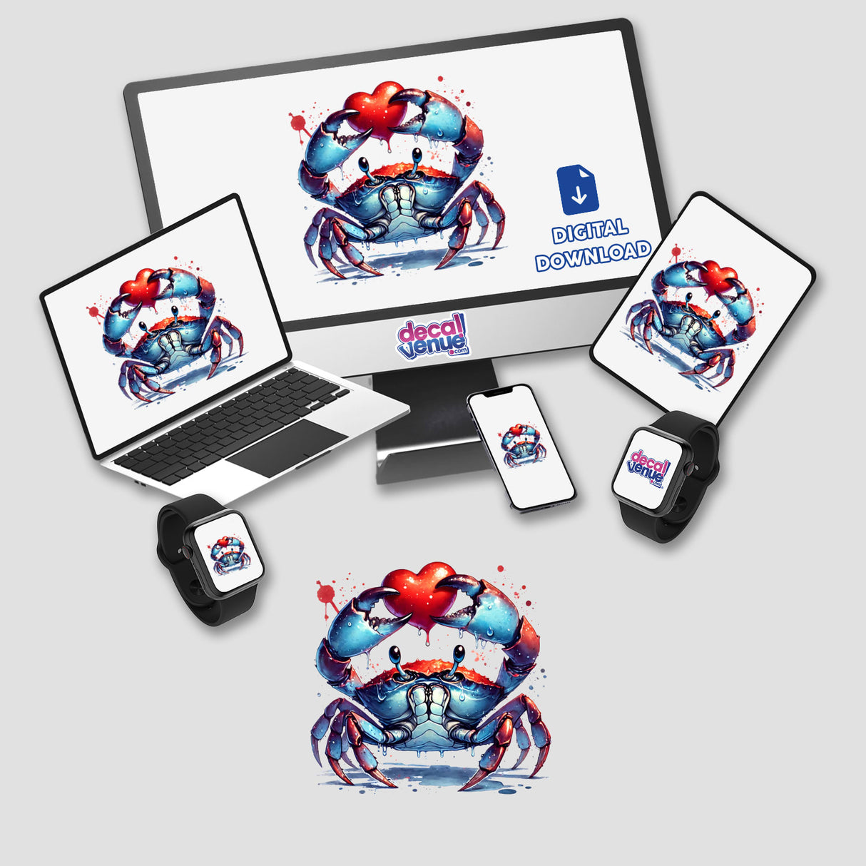 Watercolor Blue Crab Holding Heart artwork on a laptop screen, showcasing a vibrant blue crab clutching a red heart, available as stickers and digital art.