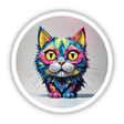 Cool Colorful Cat design featuring a vivid cartoon cat with distinctive yellow eyes, available as stickers or digital artwork from Decal Venue, specializing in unique and expressive art pieces.