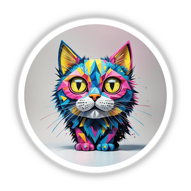 Cool Colorful Cat design featuring a vivid cartoon cat with distinctive yellow eyes, available as stickers or digital artwork from Decal Venue, specializing in unique and expressive art pieces.