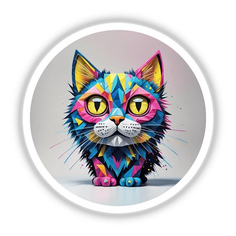 Cool Colorful Cat design featuring a vivid cartoon cat with distinctive yellow eyes, available as stickers or digital artwork from Decal Venue, specializing in unique and expressive art pieces.