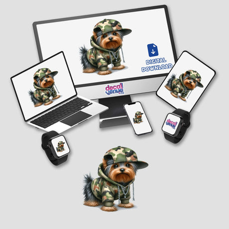 Yorkie Dog in Camo Print Outfit II