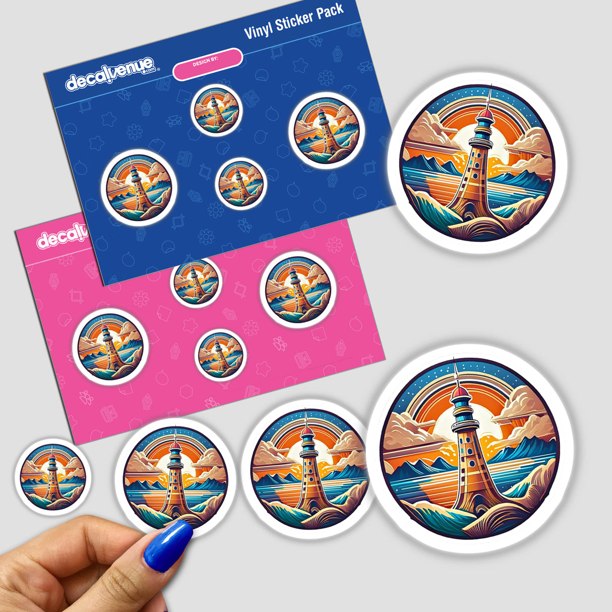 Vibrant vinyl stickers featuring a lighthouse surrounded by a scenic coastal landscape, with the brand "Decal Venue" prominently displayed. The sticker pack offers a variety of sizes and designs showcasing this intricate and colorful digital artwork.