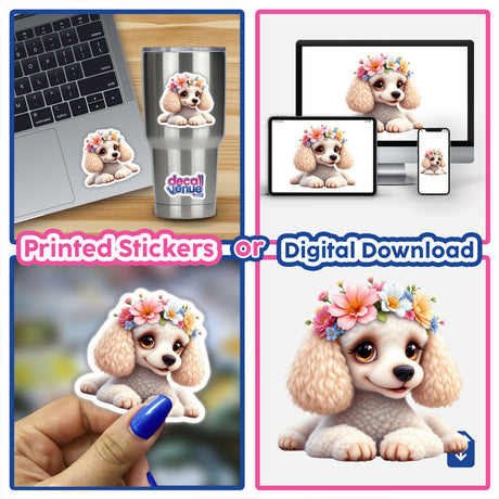Elegant Poodle Wearing a Whimsical Floral Crown collage showcasing stickers and digital art featuring a cartoon poodle adorned with a flower crown, emphasizing charm and versatility for pet lovers.
