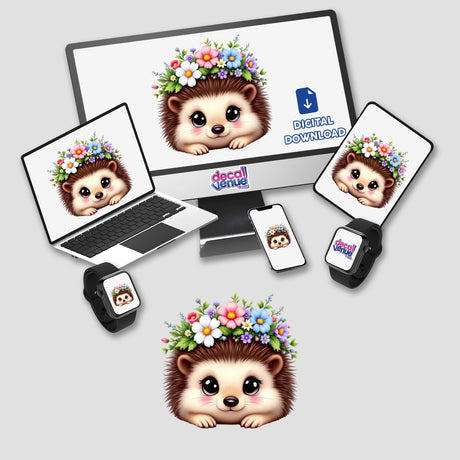Sweet Hedgehog with a Flower Crown displayed on digital devices, showcasing a cute cartoon hedgehog adorned with a flower crown, available as vibrant stickers or digital artwork.