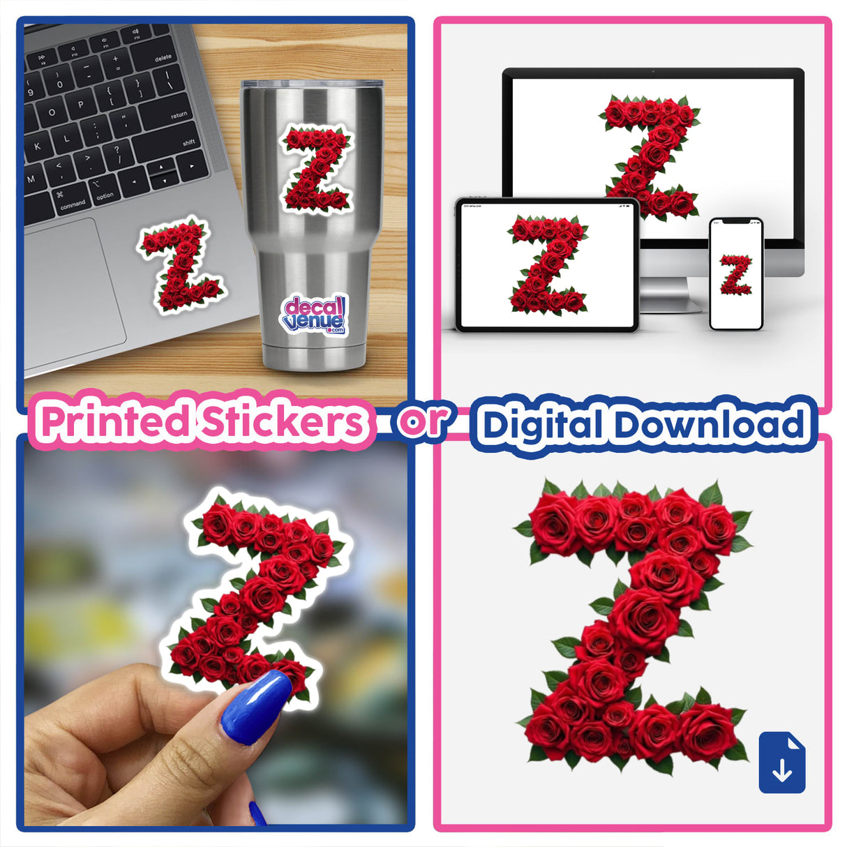 Elegant Floral Letter Z Clipart - Downloadable Sticker featuring a collage of computer and laptop screens displaying a rose-patterned letter Z design.