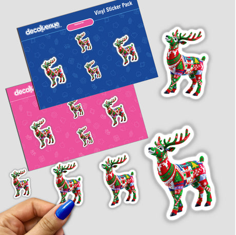 Reindeer Ugly Christmas Sweater Style sticker featuring cartoon reindeer with festive patterns, ideal for seasonal decoration. Available as a sticker or digital artwork from Decal Venue.
