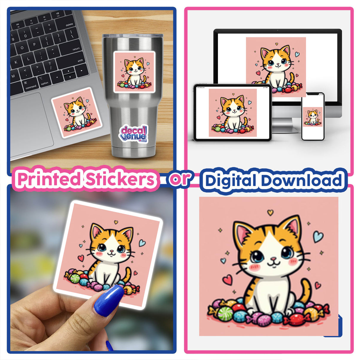 Kawaii cat surrounded by candy depicted in a collage, featuring a sticker design with a cat and candy theme, suitable for laptops and digital artwork from Decal Venue.