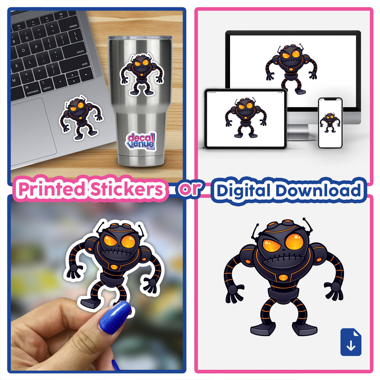 Angry Robot sticker collage featuring cartoon robots on a laptop, part of Decal Venue's unique sticker collection. Available as part of a Sticker Pack or individually.
