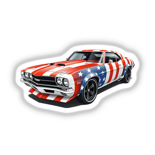 A Cool American Flag Muscle Car with stars and stripes, available as stickers or digital artwork, showcasing its detailed design with close-up views of the tire and headlight.