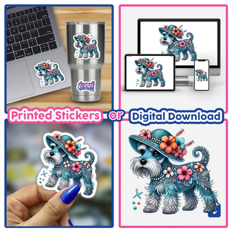 Whimsical schnauzer dog wearing a summer beach hat with hibiscus flowers, available as a printed sticker or digital download from Decal Venue's diverse collection of unique designs.
