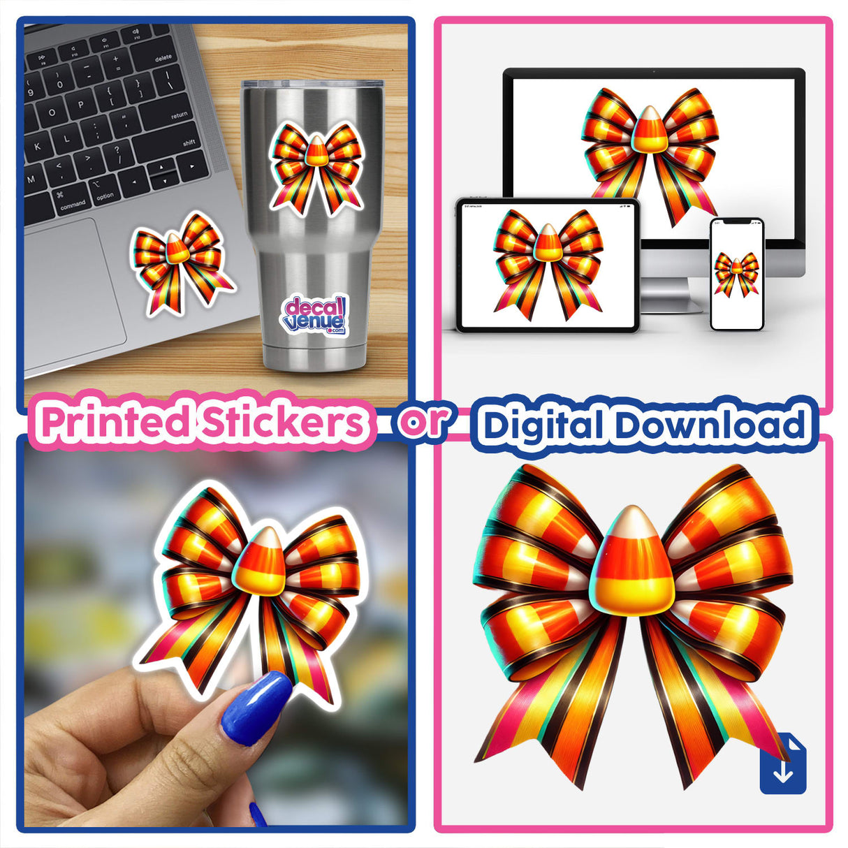 Candy Corn Coquette Bow Halloween collage featuring stickers and digital artwork, including a laptop with a candy corn sticker, a phone with a bow, and close-ups of candy corn details.