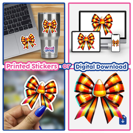 Candy Corn Coquette Bow Halloween collage featuring stickers and digital artwork, including a laptop with a candy corn sticker, a phone with a bow, and close-ups of candy corn details.