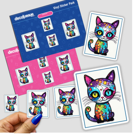 Cat of Many Colors sticker featuring a vibrant cartoon cat. Available as a sticker or digital artwork, the design showcases the cat's playful pose, ideal for fans of unique and colorful decals.