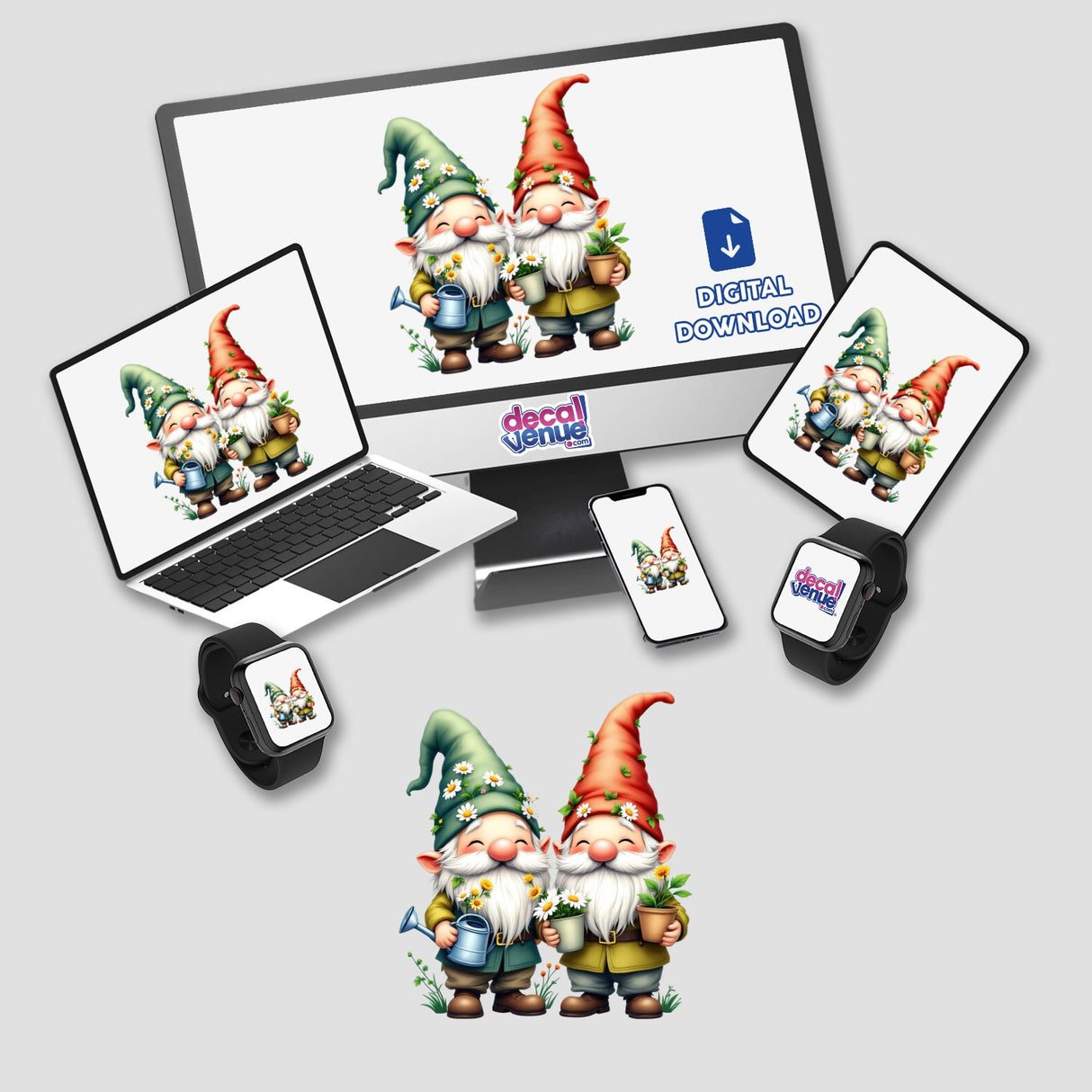 Cheerful Garden Gnomes with Flower-Adorned Hats displayed on a monitor and laptop, highlighting their playful expressions and intricate floral details, perfect as vibrant stickers or digital art from Decal Venue.
